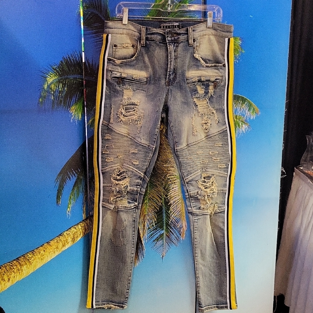 Distressed Gray Jeans with Yellow Stripe, 34x32